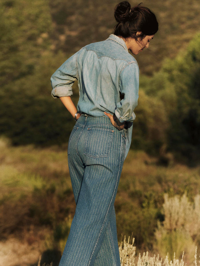 Dark Olive Green buckleback jean in washed indigo stripe