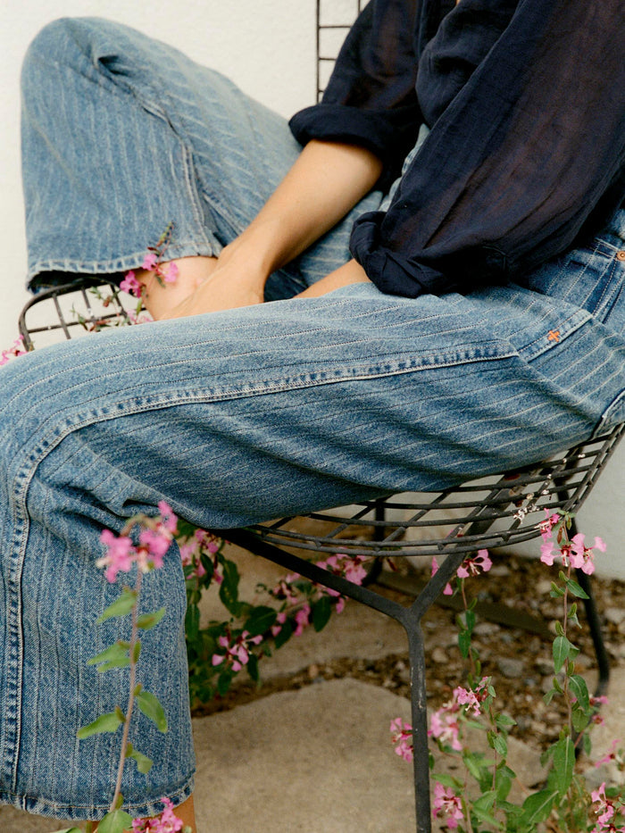 Light Slate Gray buckleback jean in washed indigo stripe