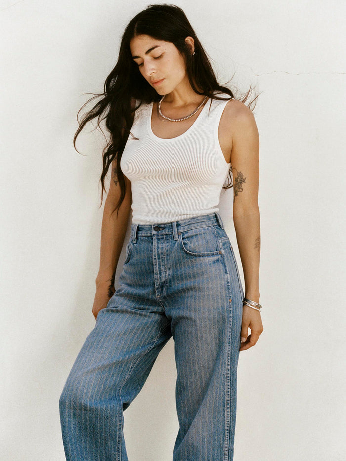 Light Gray buckleback jean in washed indigo stripe