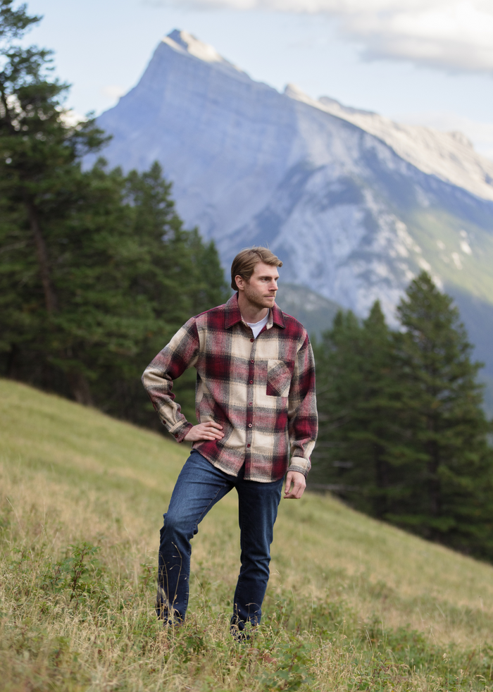 Burgundy Wool Blend Flannel Shacket with Herringbone Weave