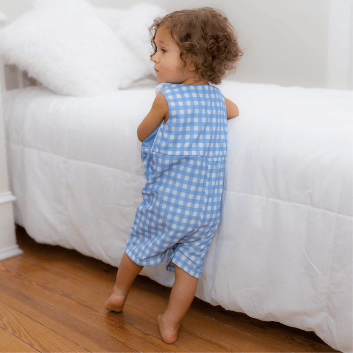 Button Shoulder Shortall - Blue Gingham - Sugar Bee Clothing