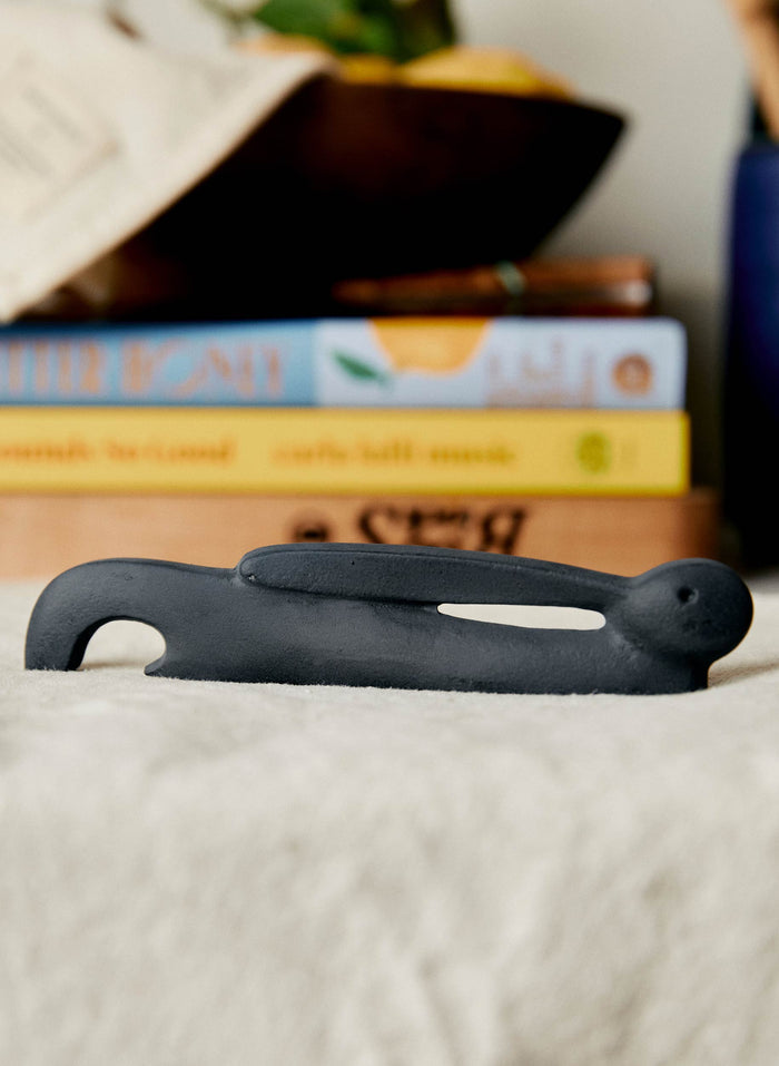 Black cast iron rabbit bottle opener
