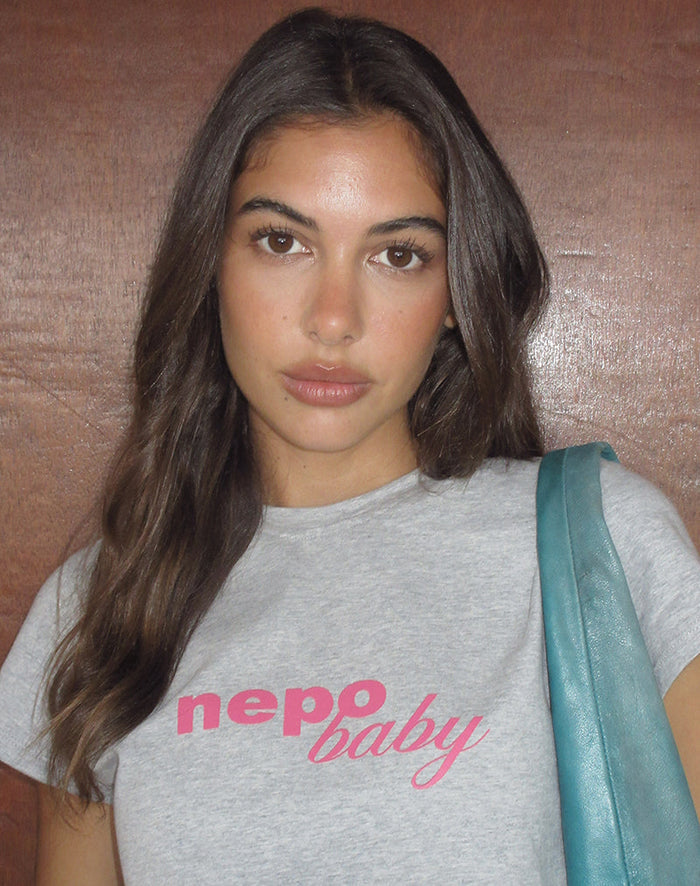 Image of Clio Baggy Tee in Grey Marl with Nepo Baby Graphic