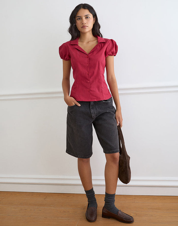 Image of Cloma Fitted Blouse with Puff Sleeves in Adrenaline Red