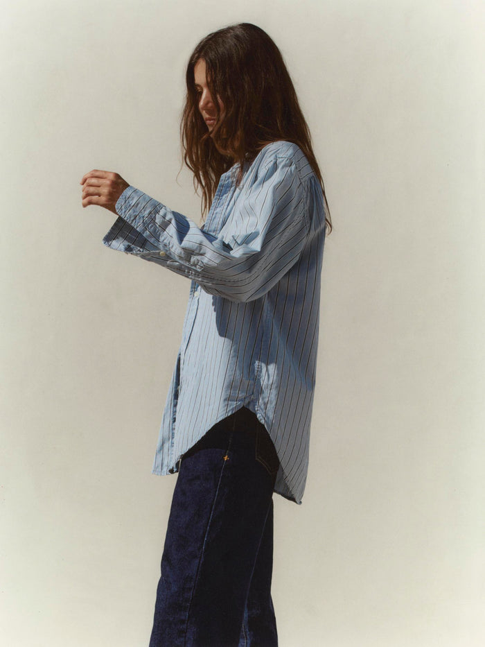 Gray cut collar button down in blue stripe
