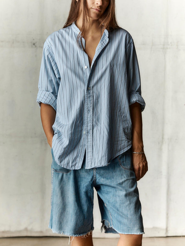 Light Gray cut collar button down in blue stripe