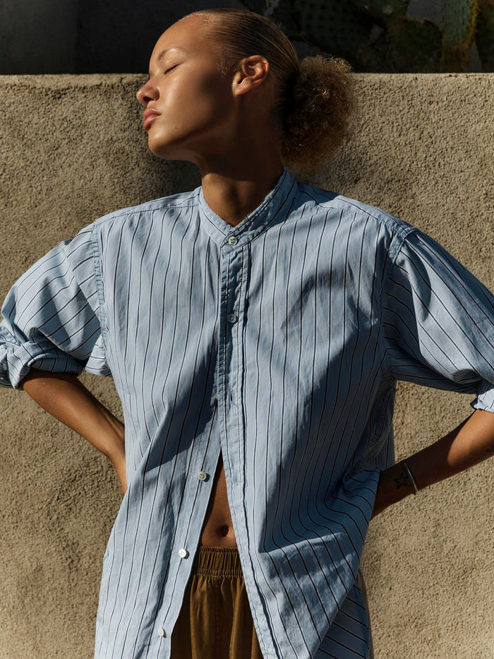 Dim Gray cut collar button down in blue stripe