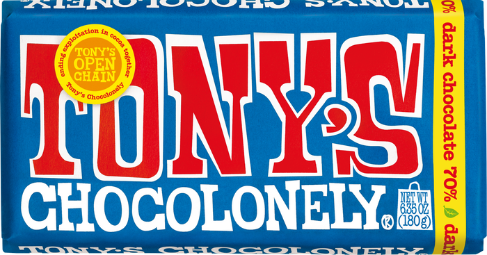 Tony’s Chocolonely dark chocolate 70% bar.