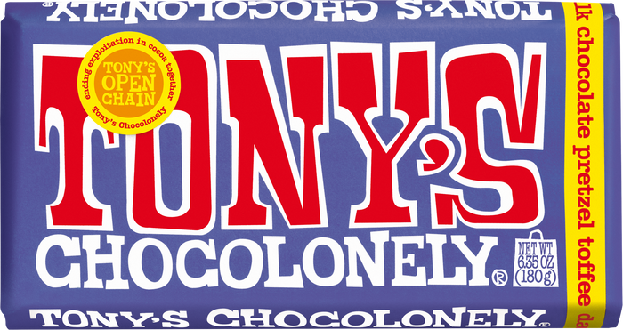 Tony’s Chocolonely dark milk chocolate pretzel toffee bar.