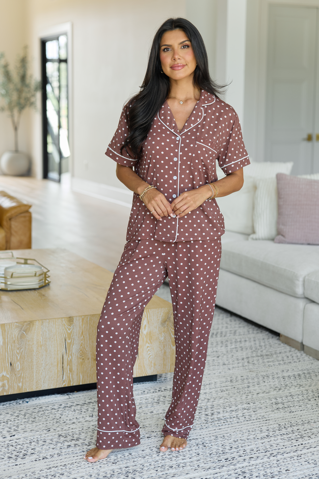 Dream On Brown Polka Dot Short Sleeve Pajama Top
