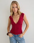 Image of Emberly Plunge Top in Red with Micro Polka Black