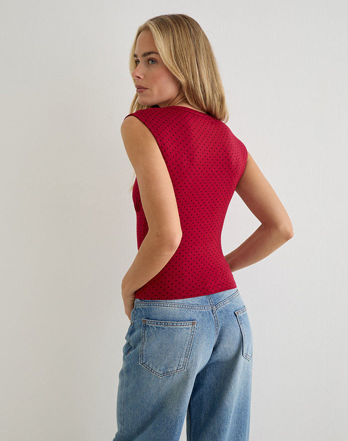 Image of Emberly Plunge Top in Red with Micro Polka Black