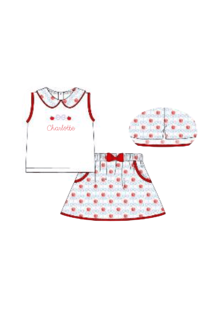 The Smocked Flamingo Apparel & Accessories Pre-Order Embroidered Apple Bow Skort Set
