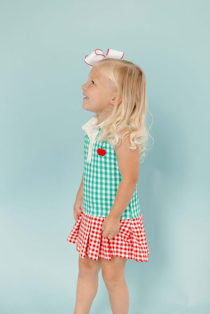 The Smocked Flamingo Apparel & Accessories Embroidered Apple Color Block Gingham Tennis Dress