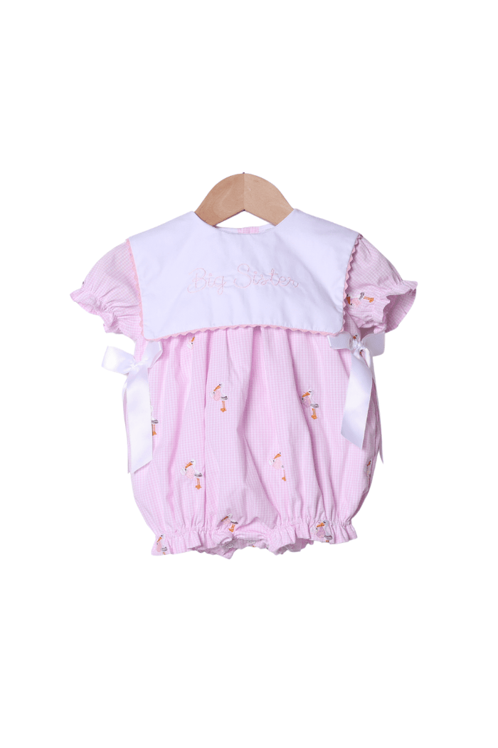 The Smocked Flamingo Embroidered Big Sister Stork Bib Bubble