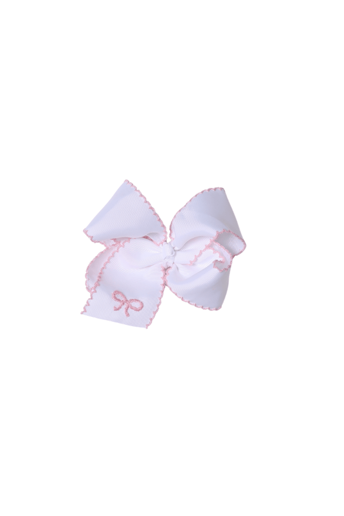 The Smocked Flamingo Apparel & Accessories Embroidered Bow Scalloped Edge Grosgrain Bow White/Pink