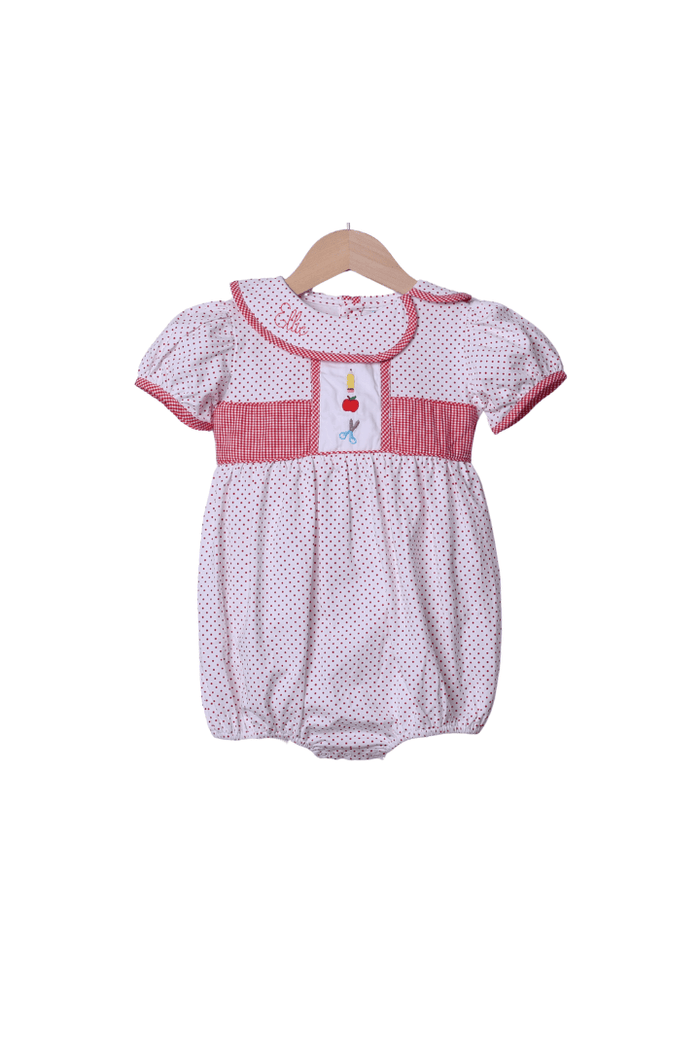 The Smocked Flamingo Apparel & Accessories Embroidered School Supplies Red Bitty Dot Bubble