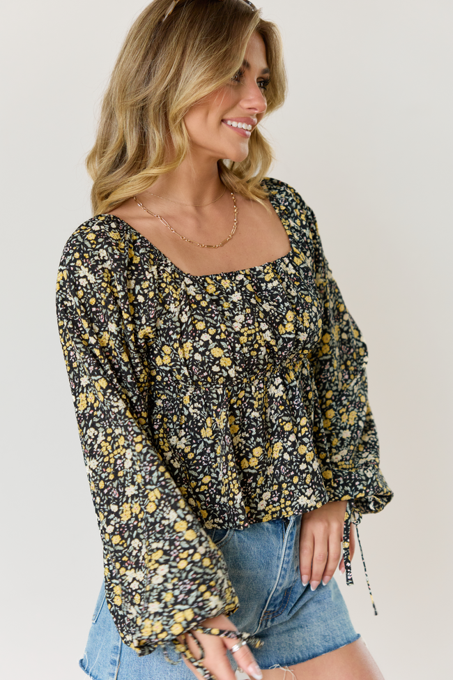 Evelina Black And Yellow Floral Ruched Babydoll Top FINAL SALE