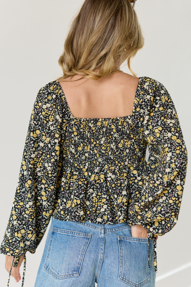 Evelina Black And Yellow Floral Ruched Babydoll Top FINAL SALE