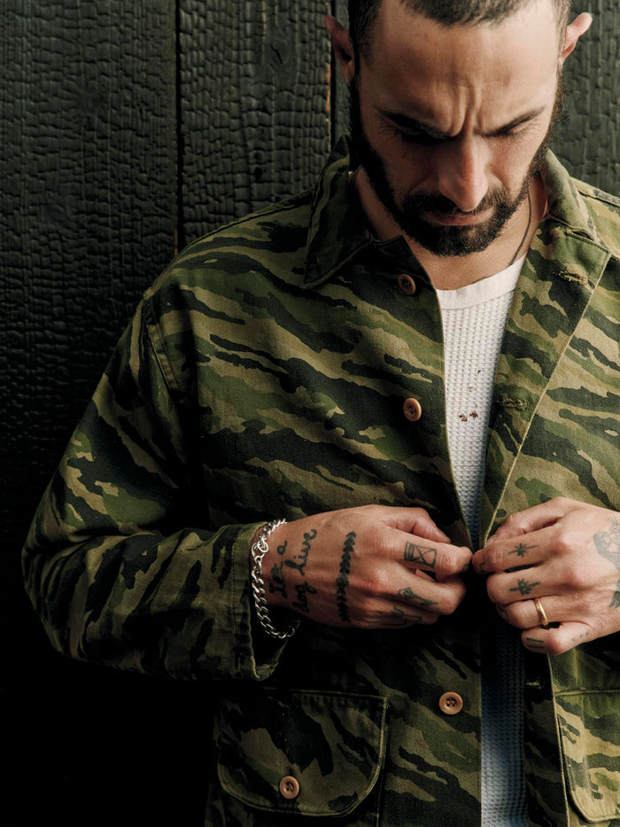 Black fatigue jacket in brushstroke camo