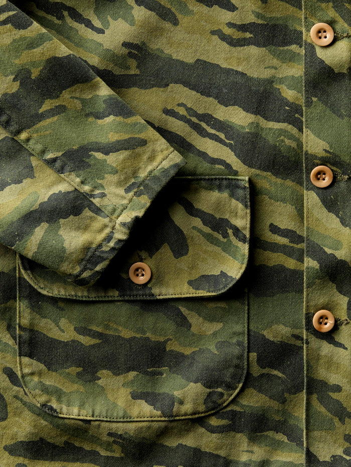 Dark Olive Green fatigue jacket in brushstroke camo