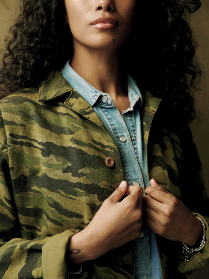 Black fatigue jacket in brushstroke camo