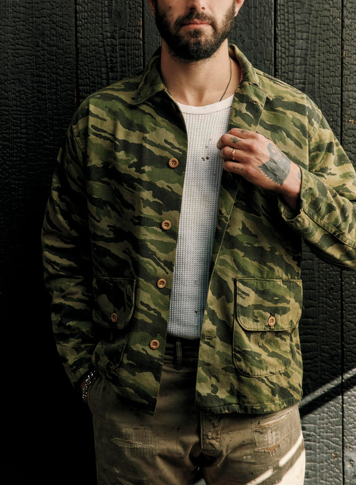 Black fatigue jacket in brushstroke camo