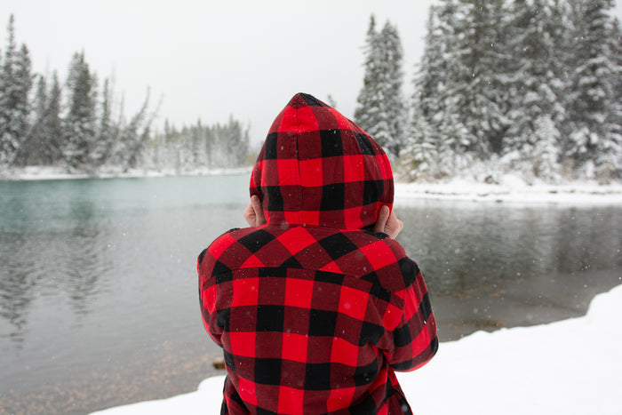 Flannel Sherpa Hooded Jacket in Red and Black Large Buffalo Check