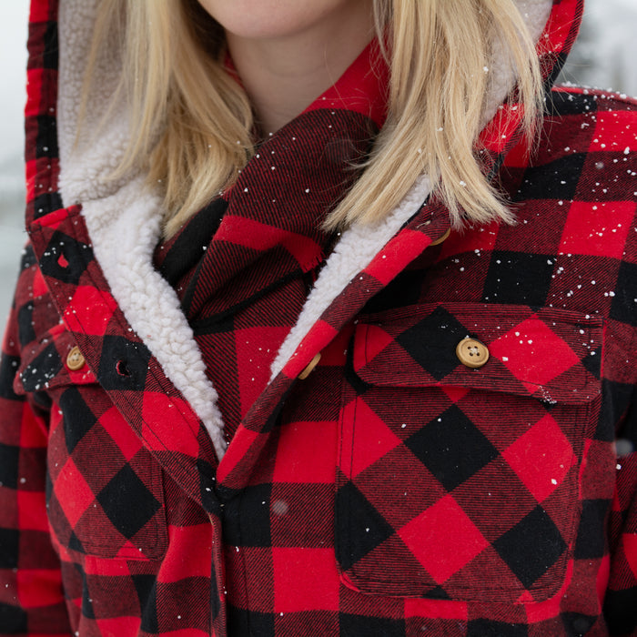 Flannel Sherpa Hooded Jacket in Small Red and Black Buffalo Check