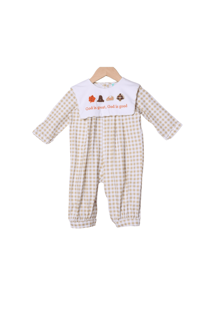 The Smocked Flamingo Apparel & Accessories French Knot God is Great, God is Good Gingham Romper