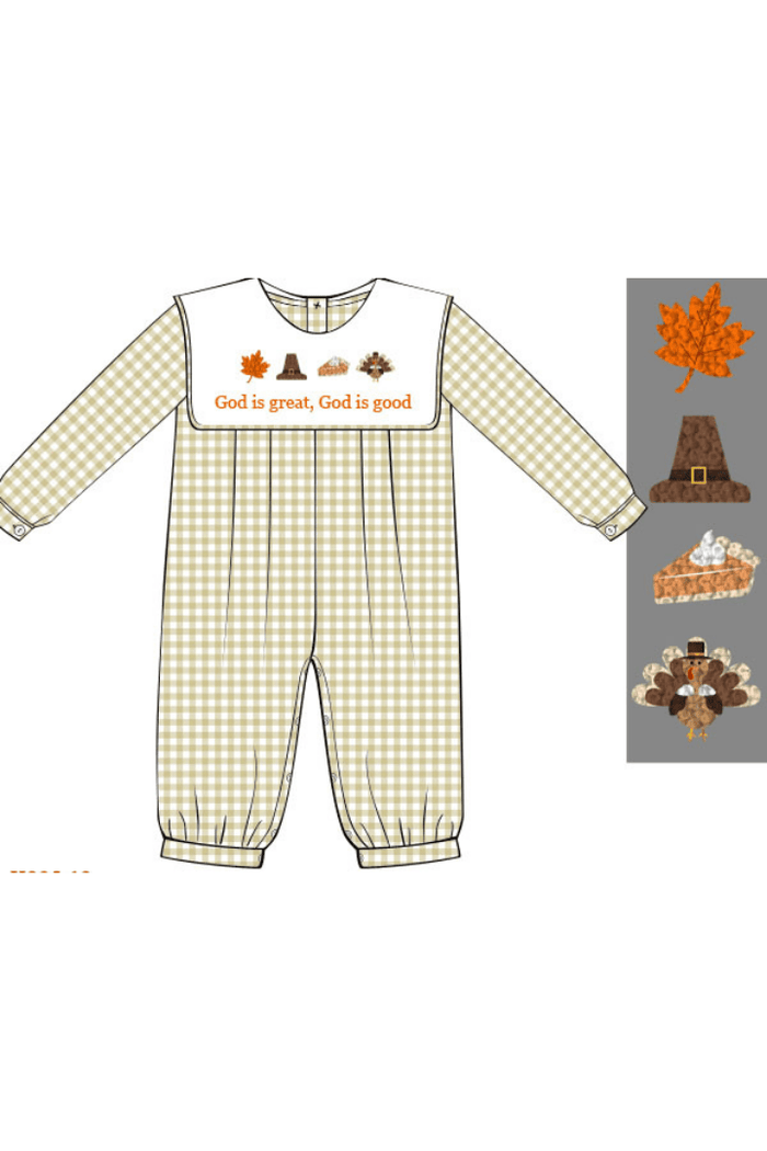 The Smocked Flamingo Apparel & Accessories Pre-Order French Knot God is Great, God is Good Gingham Romper