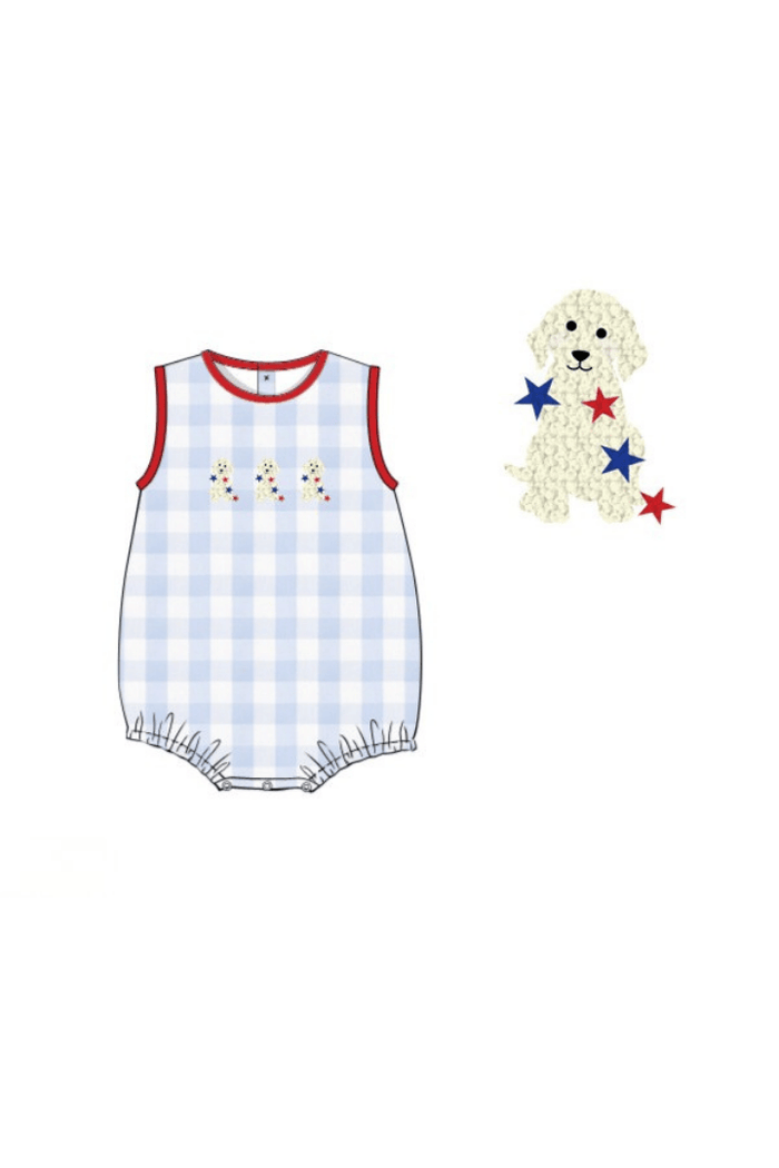 The Smocked Flamingo Apparel & Accessories Pre-Order French Knot Patriotic Puppy Blue Buffalo Check Bubble