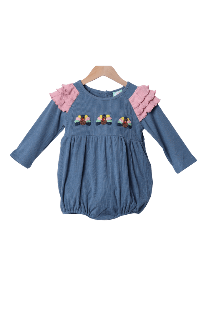 The Smocked Flamingo Apparel & Accessories French Knot Turkey Navy Ruffle Bubble