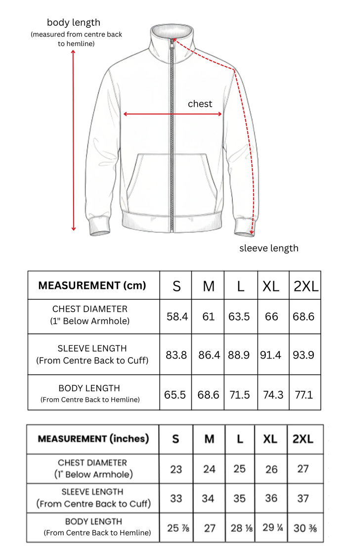 Measurement chart for a jacket with dimensions labeled