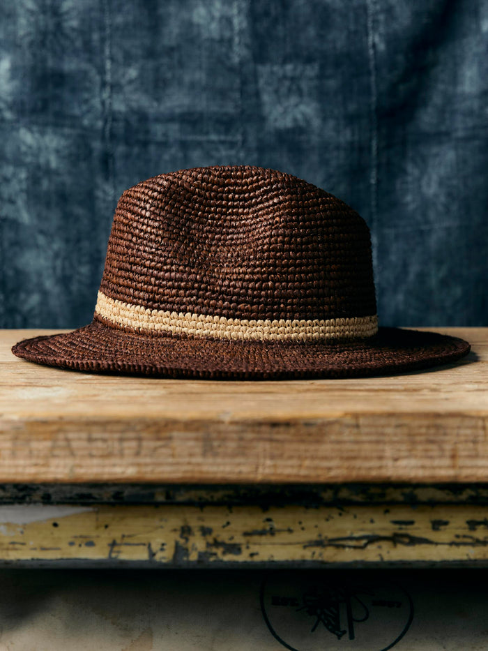 Black handwoven brown raffia palm hat