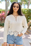 Harrisyn Ivory Cropped Crochet V-Neck Hoodie FINAL SALE
