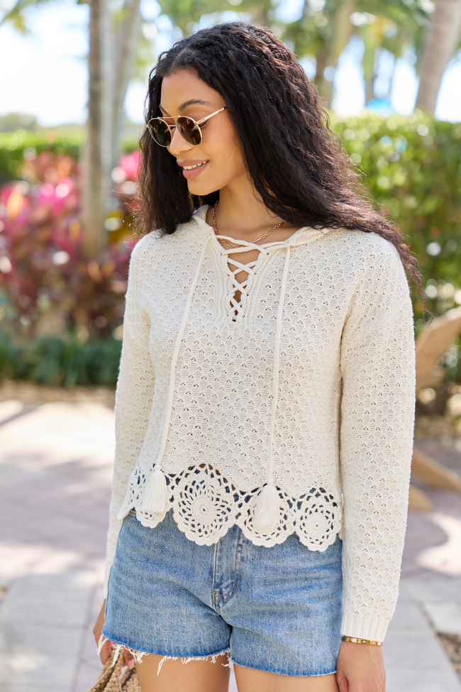 Harrisyn Ivory Cropped Crochet V-Neck Hoodie FINAL SALE