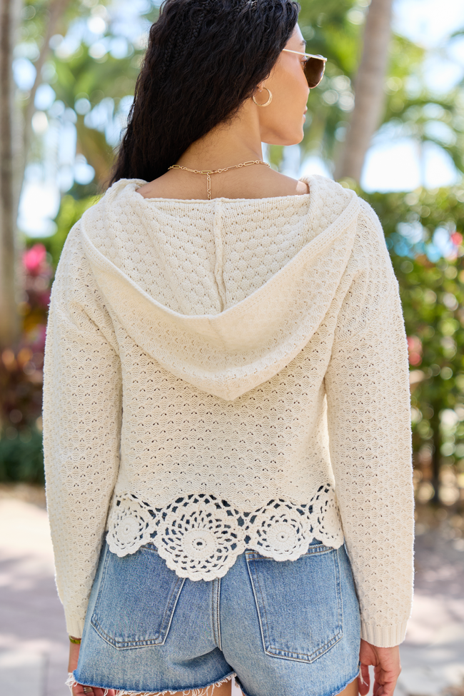 Harrisyn Ivory Cropped Crochet V-Neck Hoodie FINAL SALE