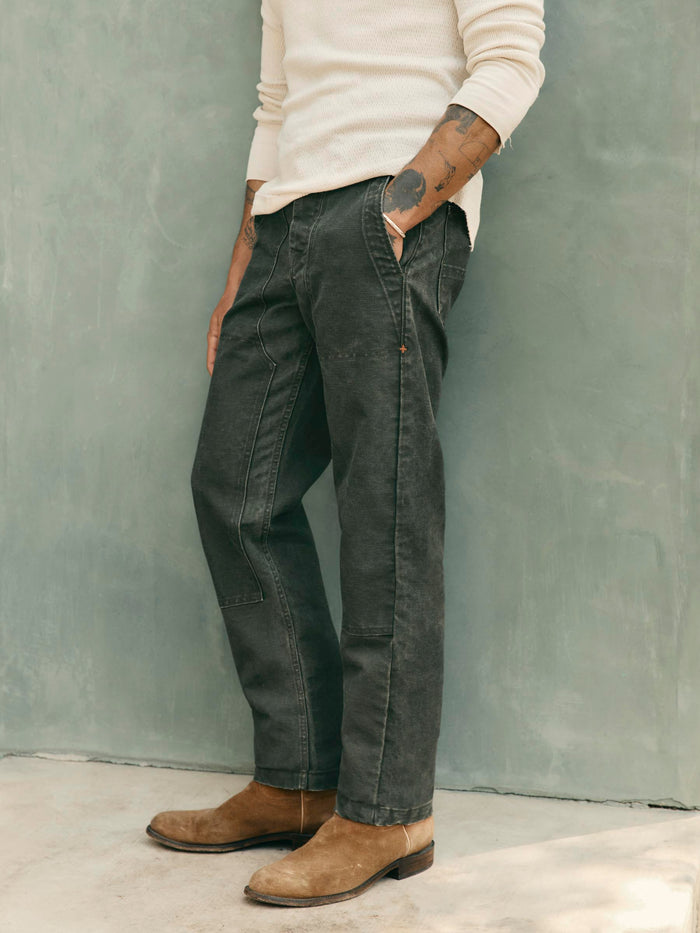 Dark Sea Green hencye canvas workpant in washed slate