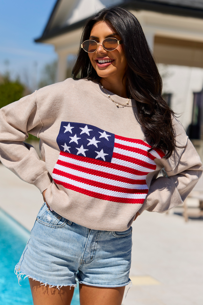 Home Of The Free Taupe Textured Flag Sweater SALE