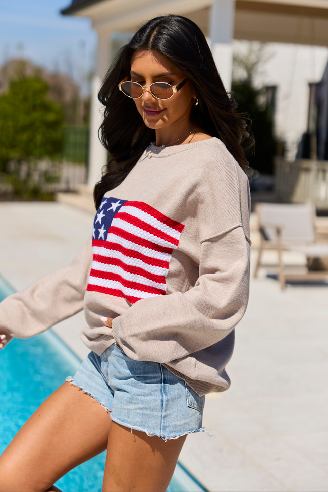 Home Of The Free Taupe Textured Flag Sweater SALE