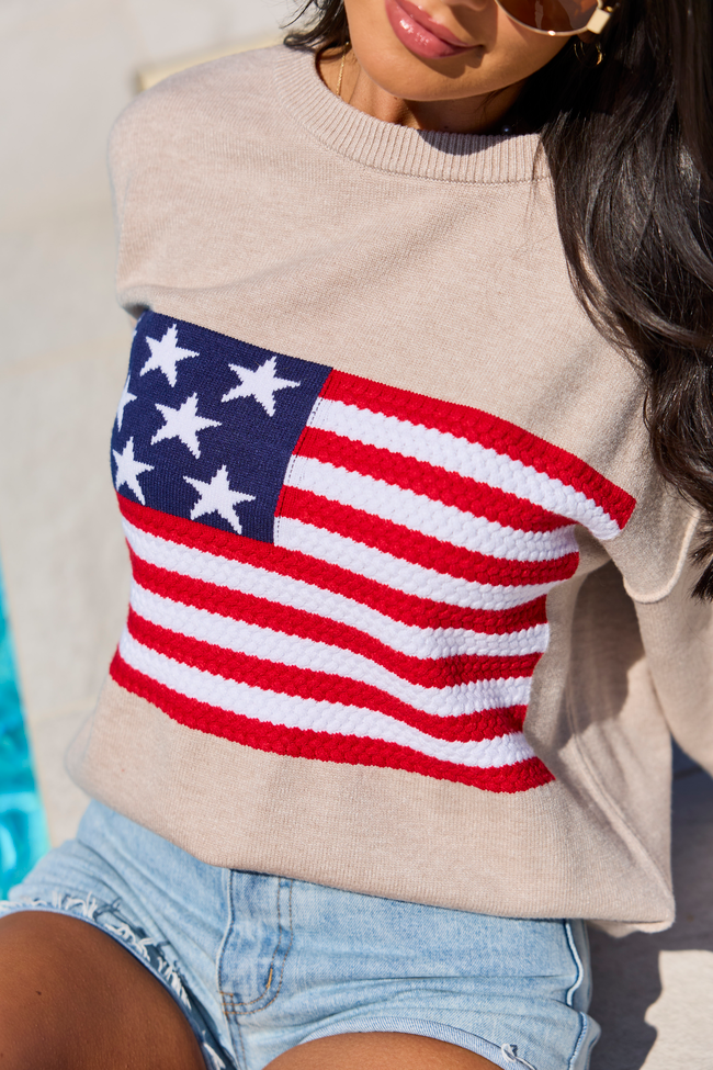 Home Of The Free Taupe Textured Flag Sweater SALE