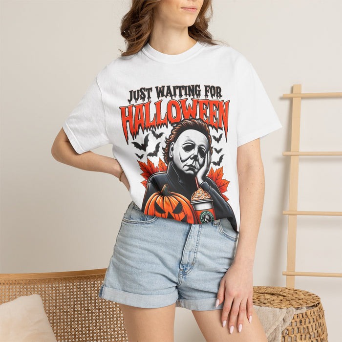 Just Waiting for Halloween Michael Myers Pumpkin T-Shirt | Horror Halloween Tee