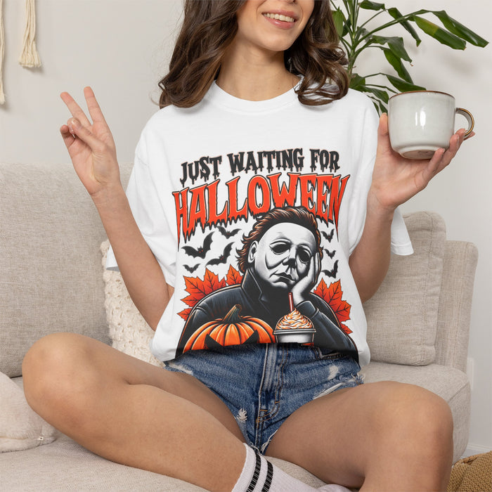 Just Waiting for Halloween Michael Myers Pumpkin T-Shirt | Horror Halloween Tee