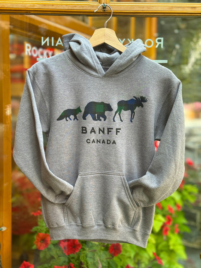 Kids grey hoodie with bear and moose design and 'Banff Canada' text on a hanger.