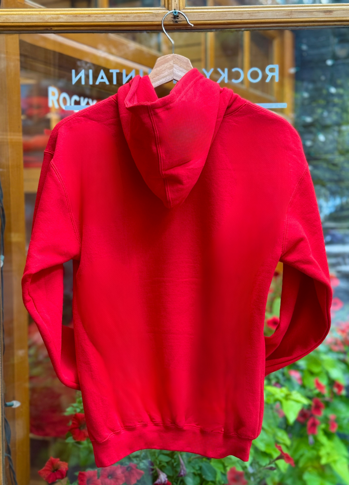 Red hoodie on a hanger with a blurred background