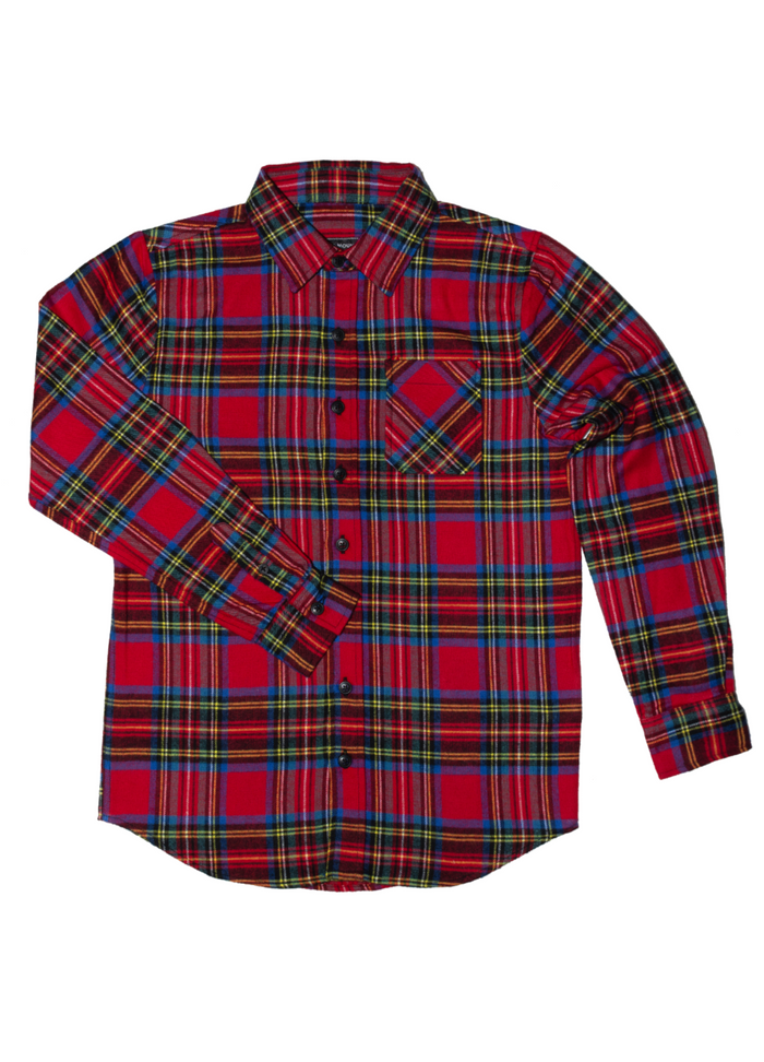 A long-sleeved plaid children's shirt with a single pocket on the chest and a button cuff.