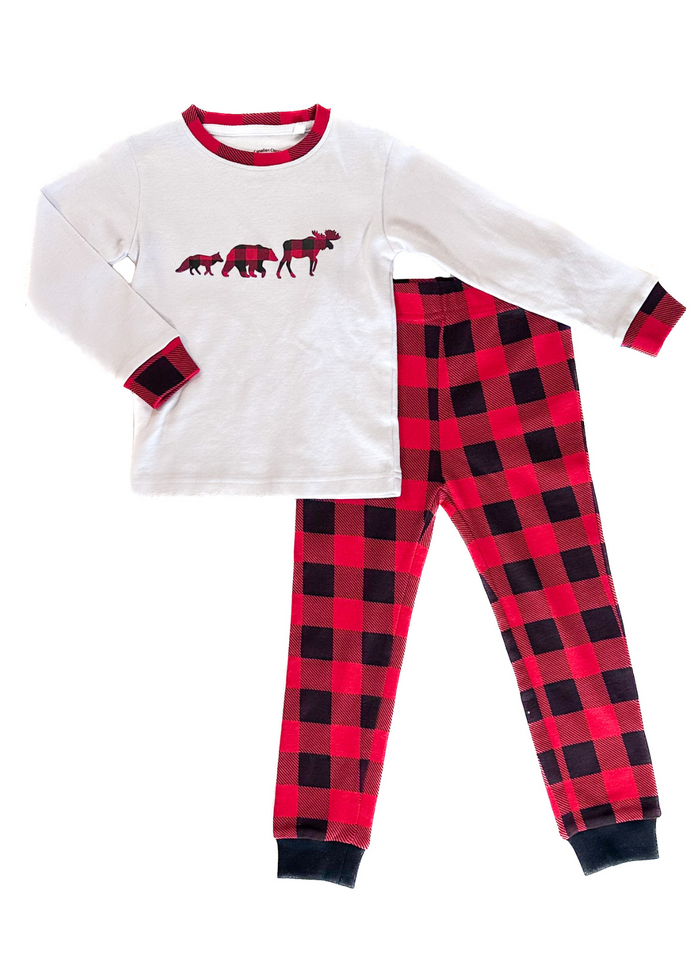 Kids white and red checkered 2 piece pyjama set with long sleeves and contrasting neckline.