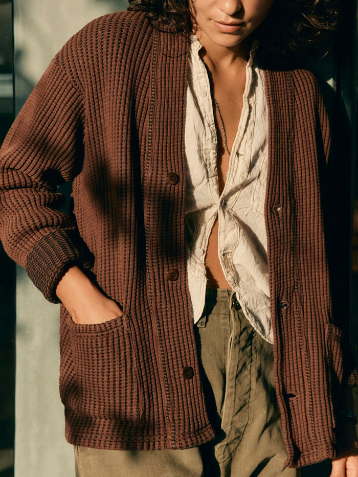 Dark Slate Gray knit waffle cardigan in brown