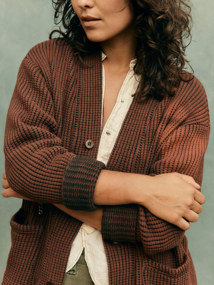 Dark Slate Gray knit waffle cardigan in brown